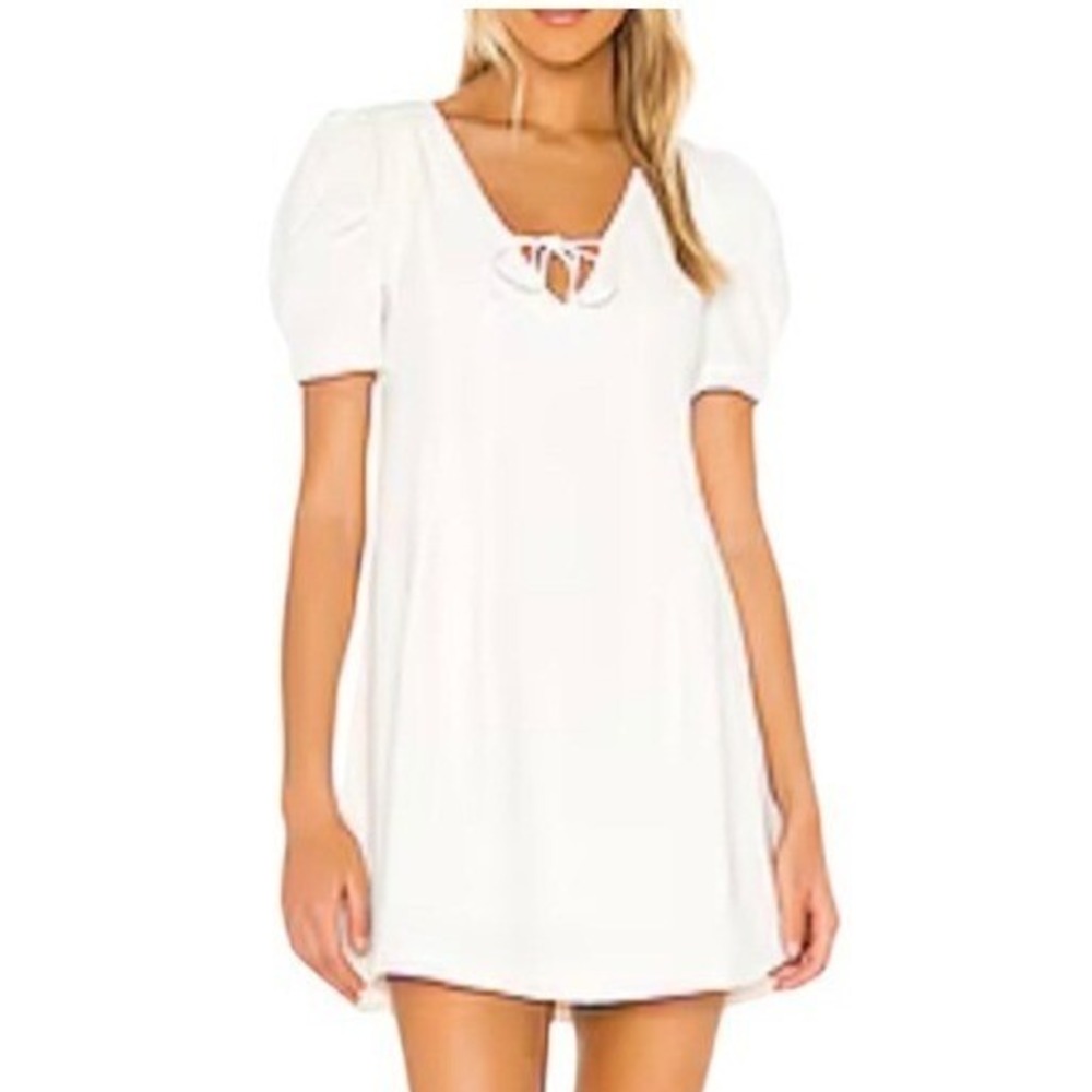 Line‎ & Dot Mini Dress Womens Small White Puff Sleeve Babydoll Tie Front Revolve